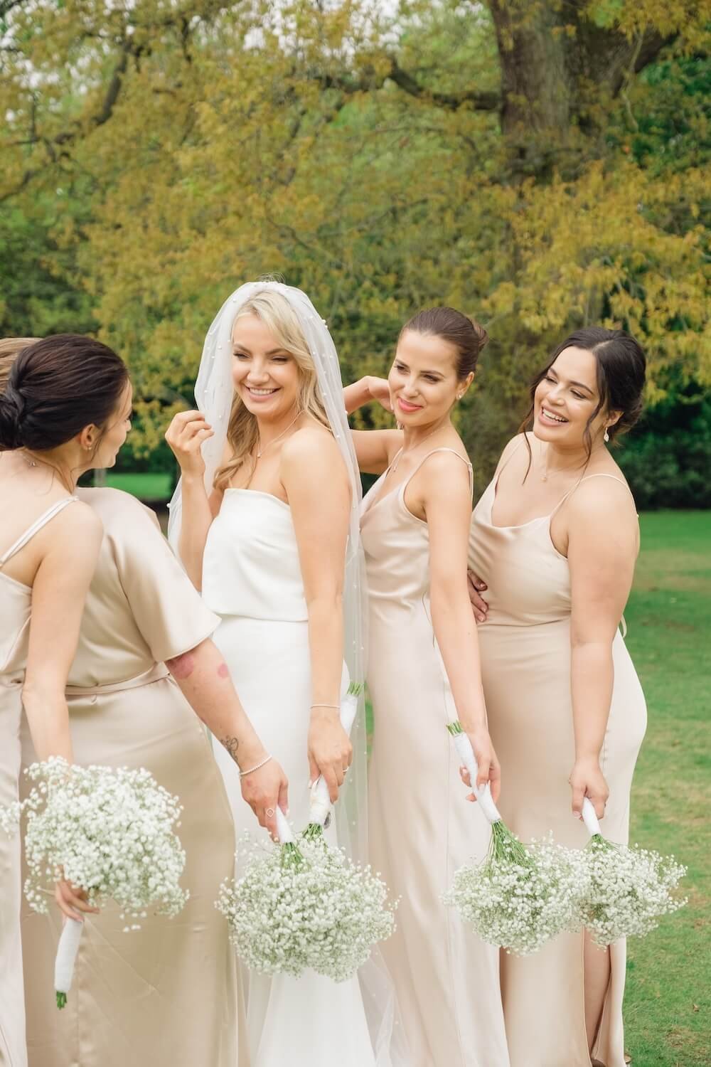 Bridesmaids' bouquets lined up