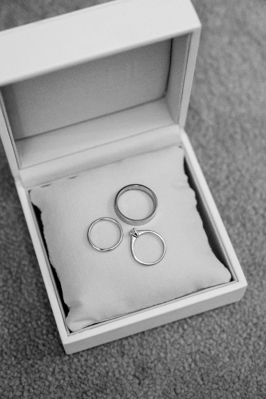 Wedding rings in the box, black and white detail