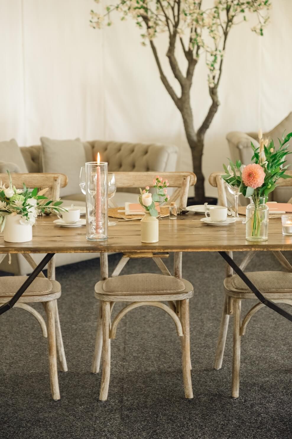 Wedding breakfast table styling at Alrewas Hayes