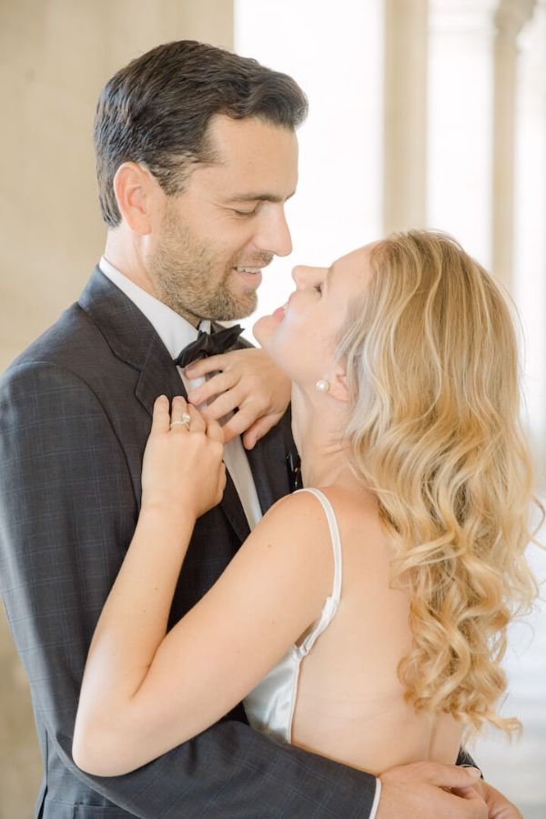 Elegant London wedding couple portrait
