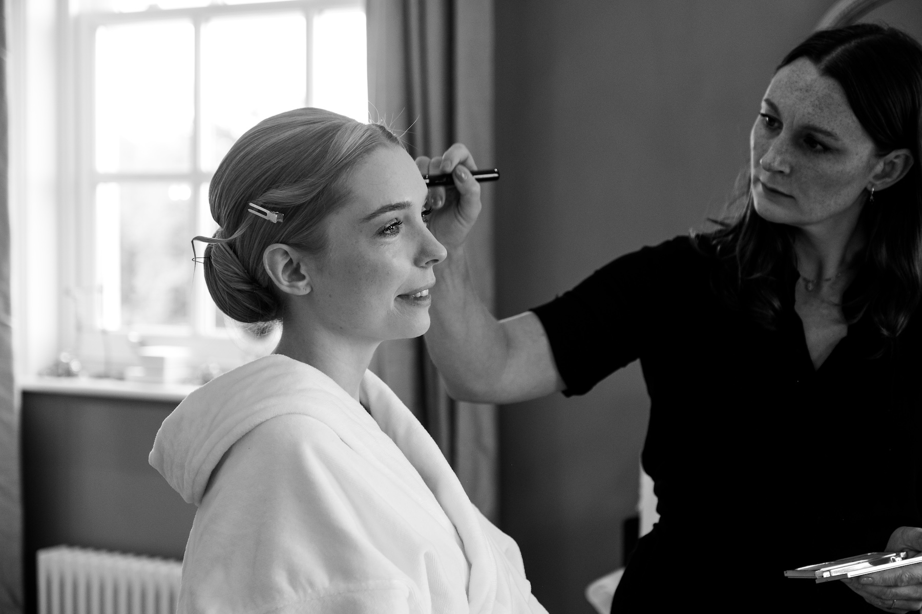 Black and white wedding detail photo in the bridal suite