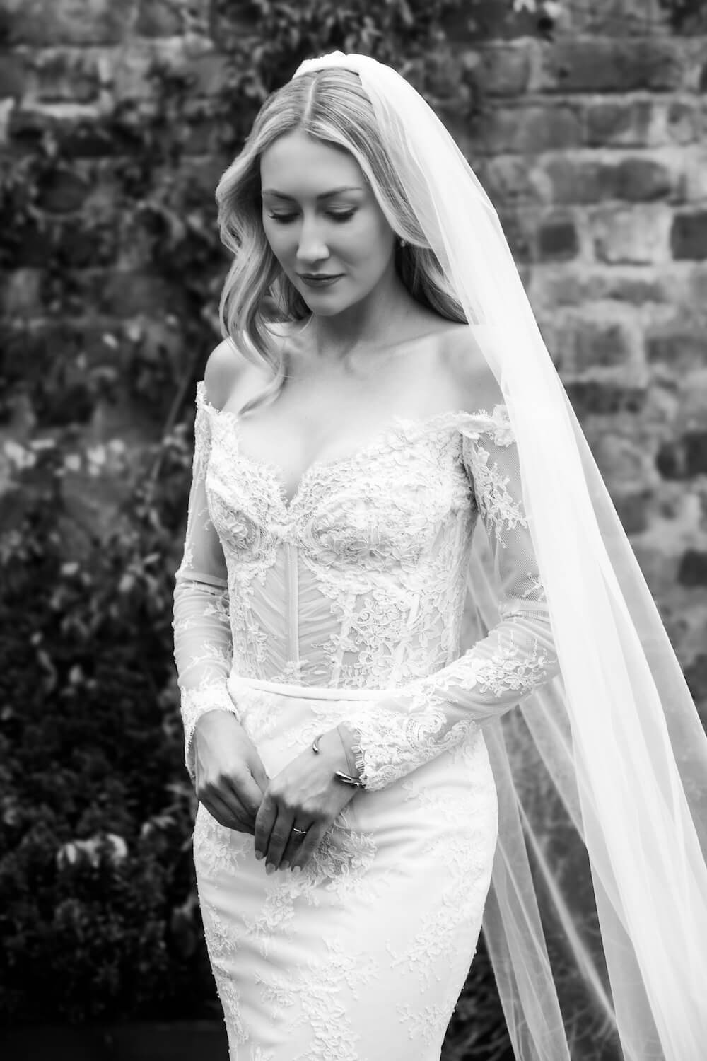 Black and white bride portrait at Grange Wedding Barn Cheshire