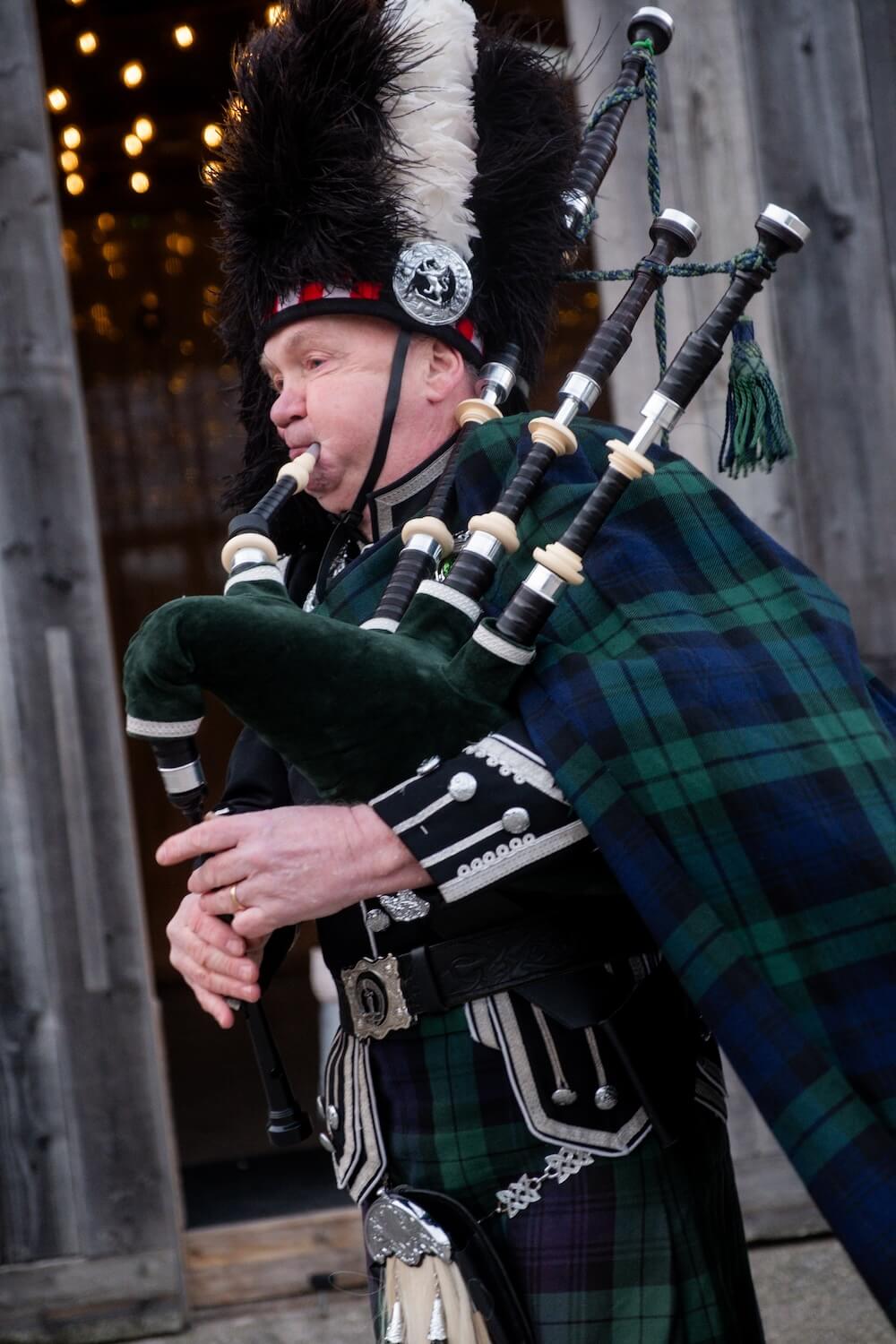 Bagpipe player at a Grange Wedding Barn Cheshire wedding