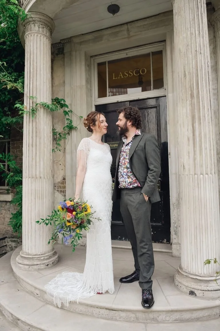 Bride and groom portrait, London micro wedding