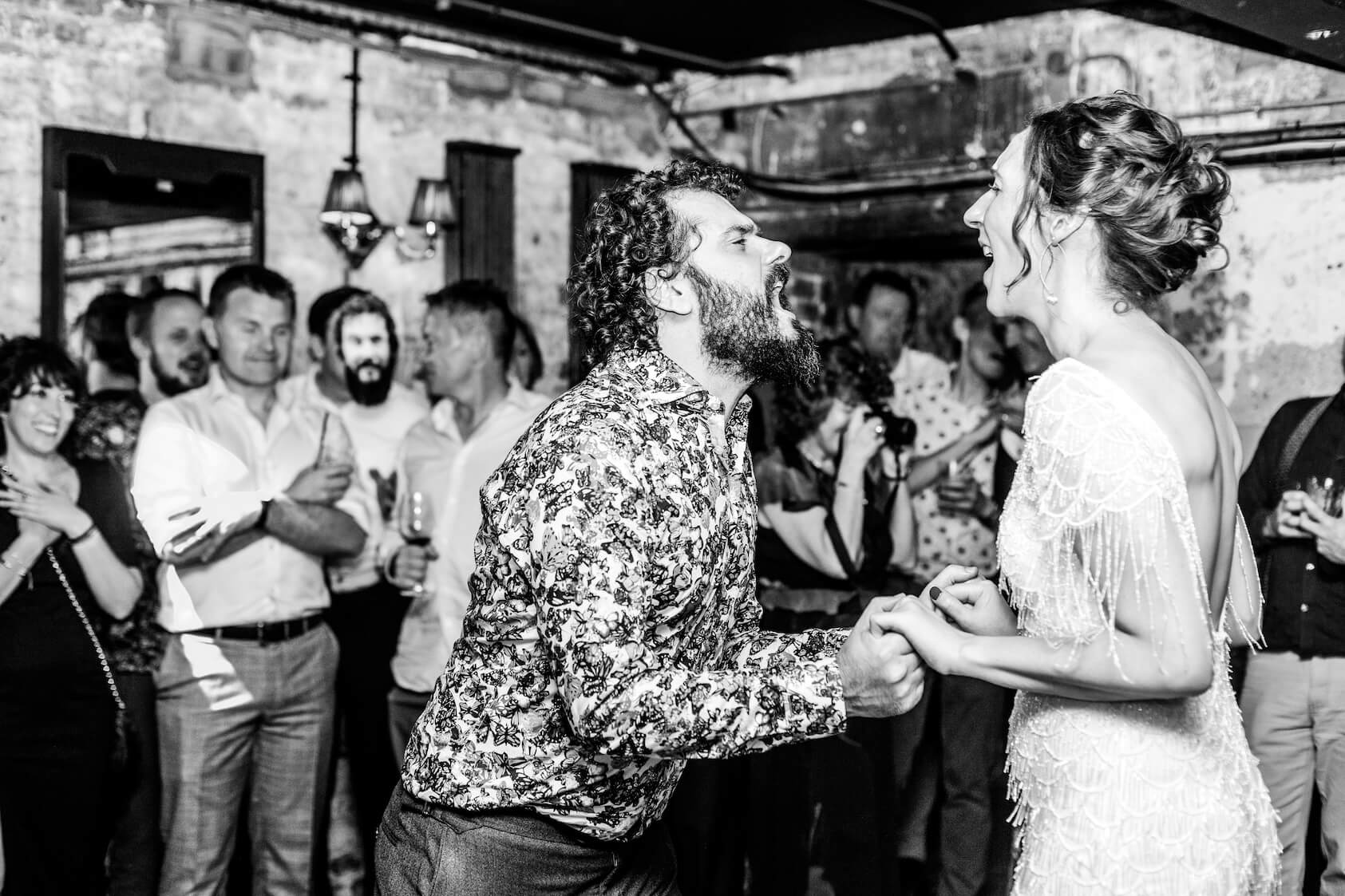 Evening dance floor at a London city micro wedding in the Cellars at Brunswick House
