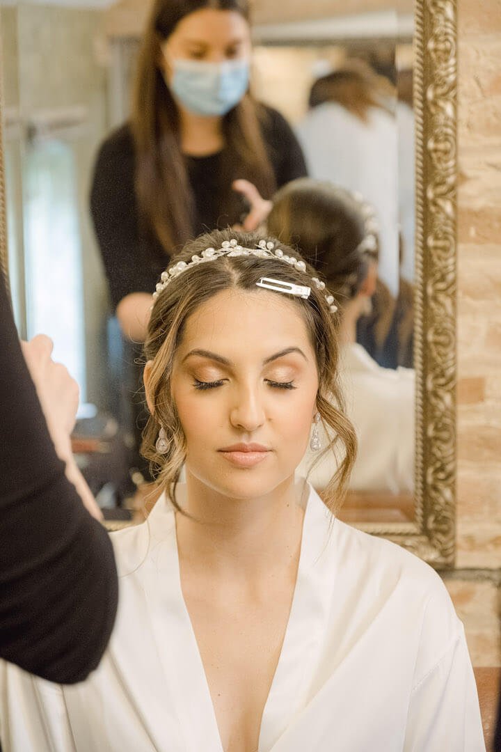 Candid bridal party moment at Mythe Barn