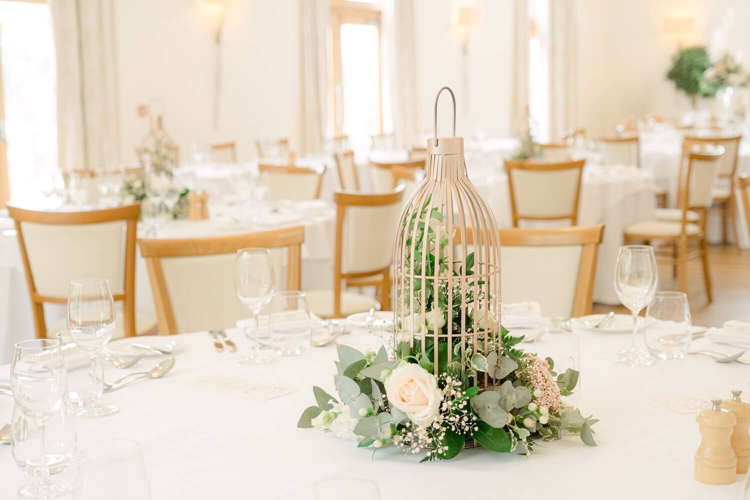 Wedding breakfast table decor at Mythe Barn