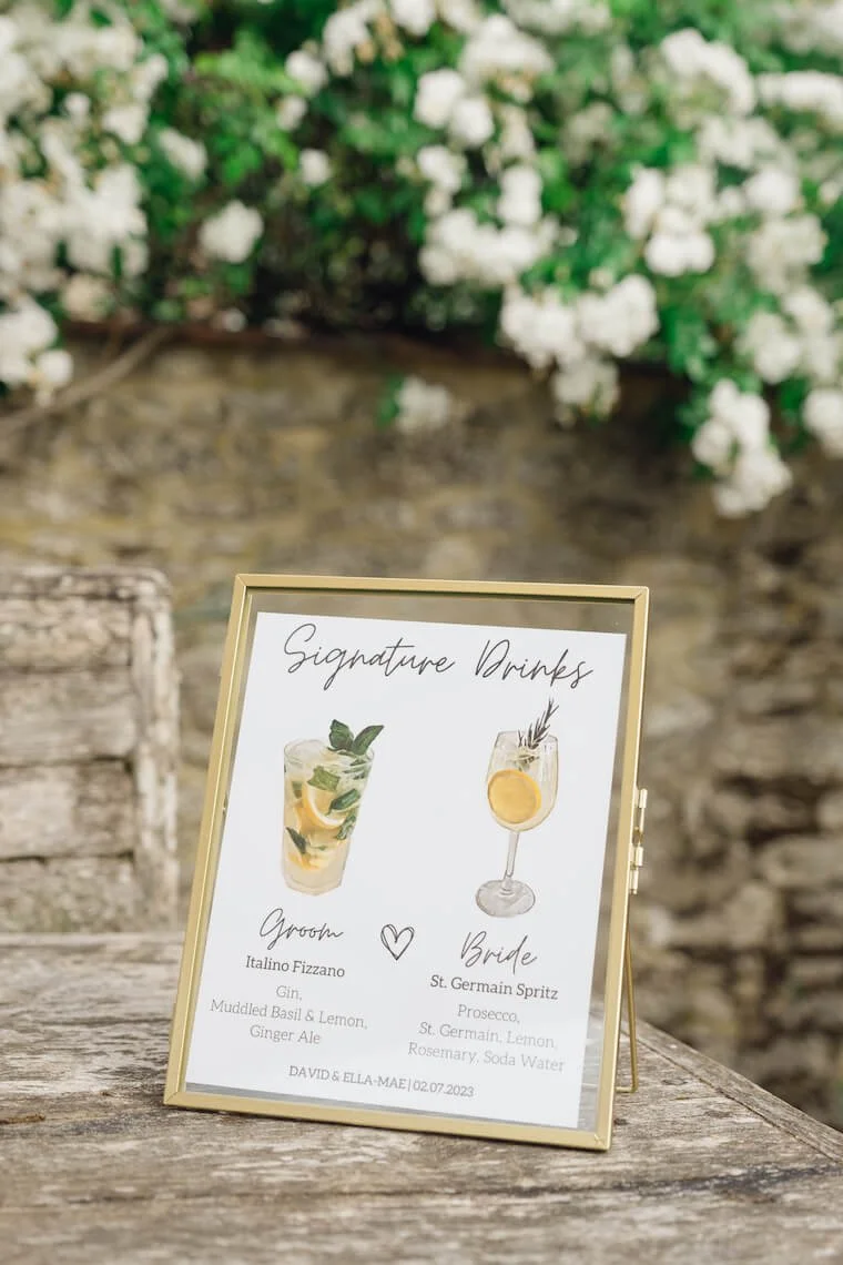 Signature drinks signage at Stratton Court Barn