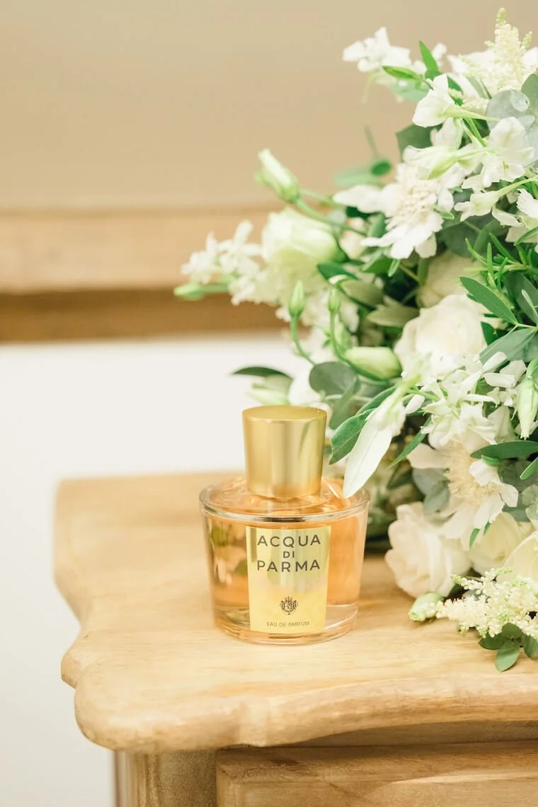 Perfume detail on the wedding morning at Stratton Court Barn