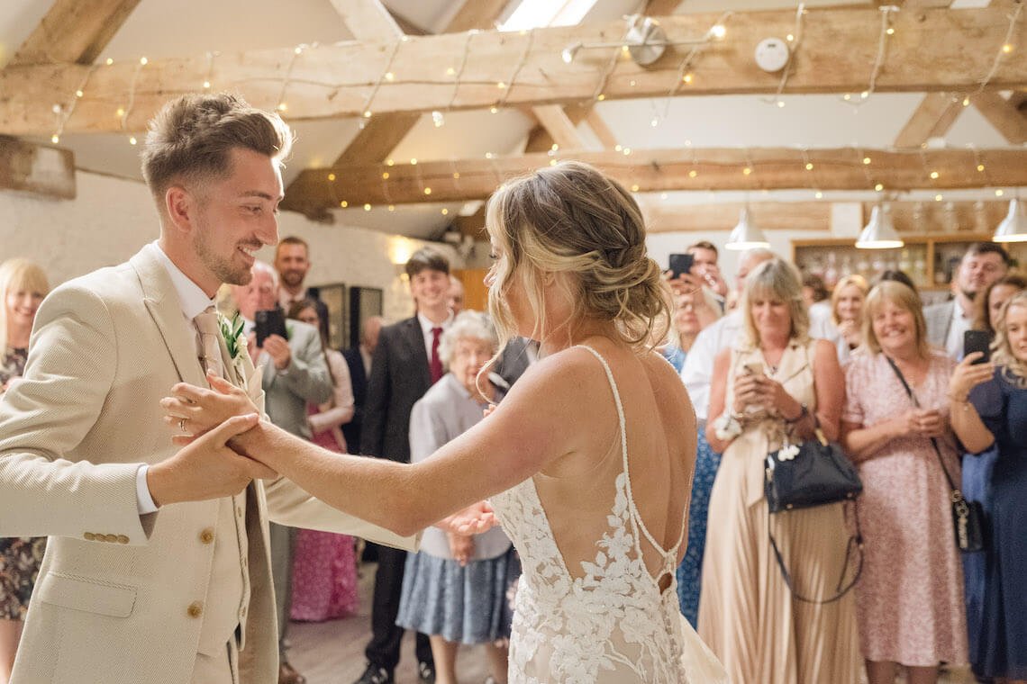 Bride and groom first dance at Stratton Court Barn
