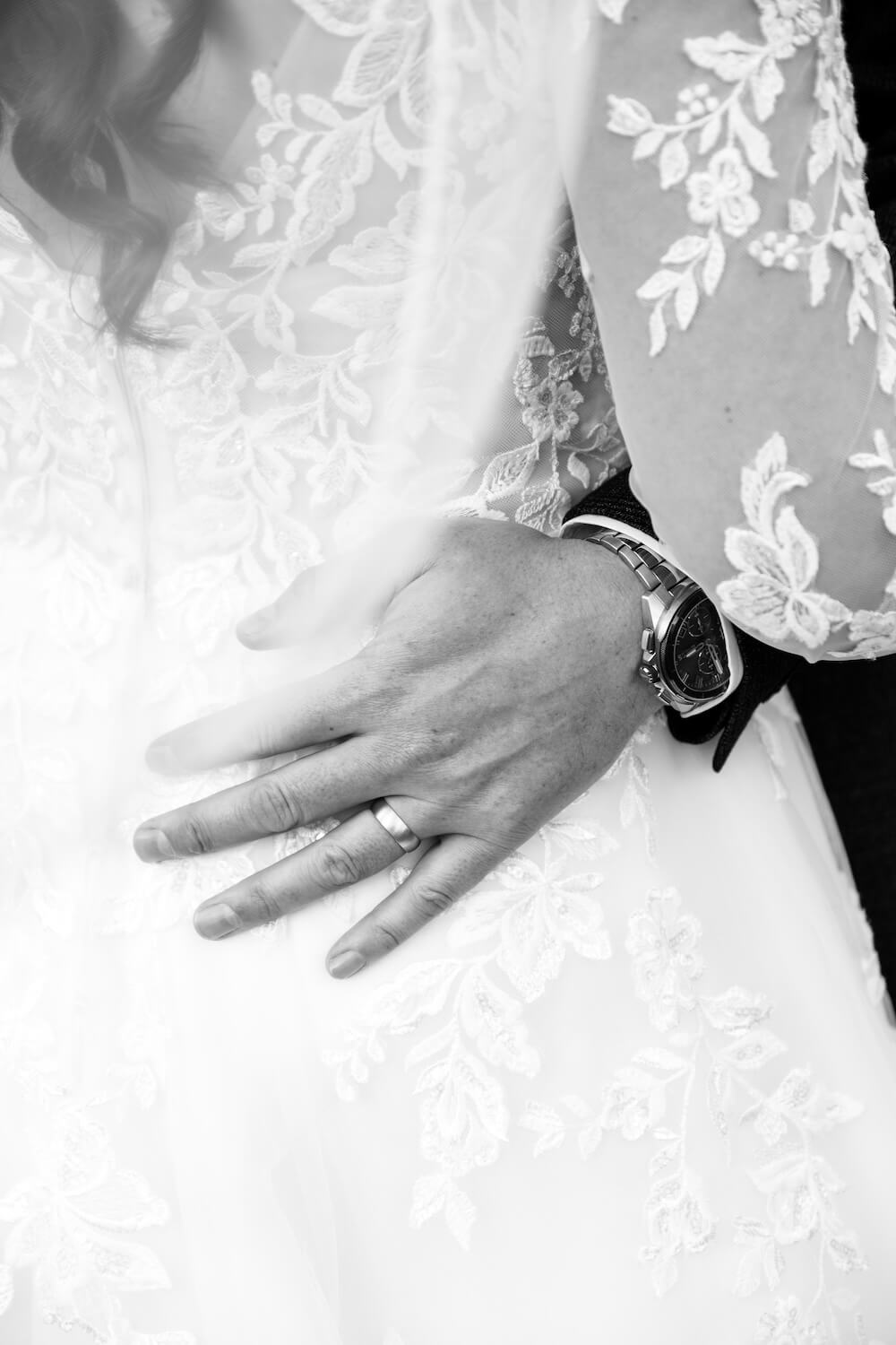 Black and white portrait of the bride and groom at Standon Hall