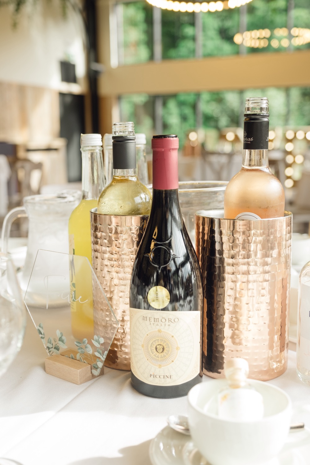 Wine on the table at the Foxtail Barns wedding breakfast