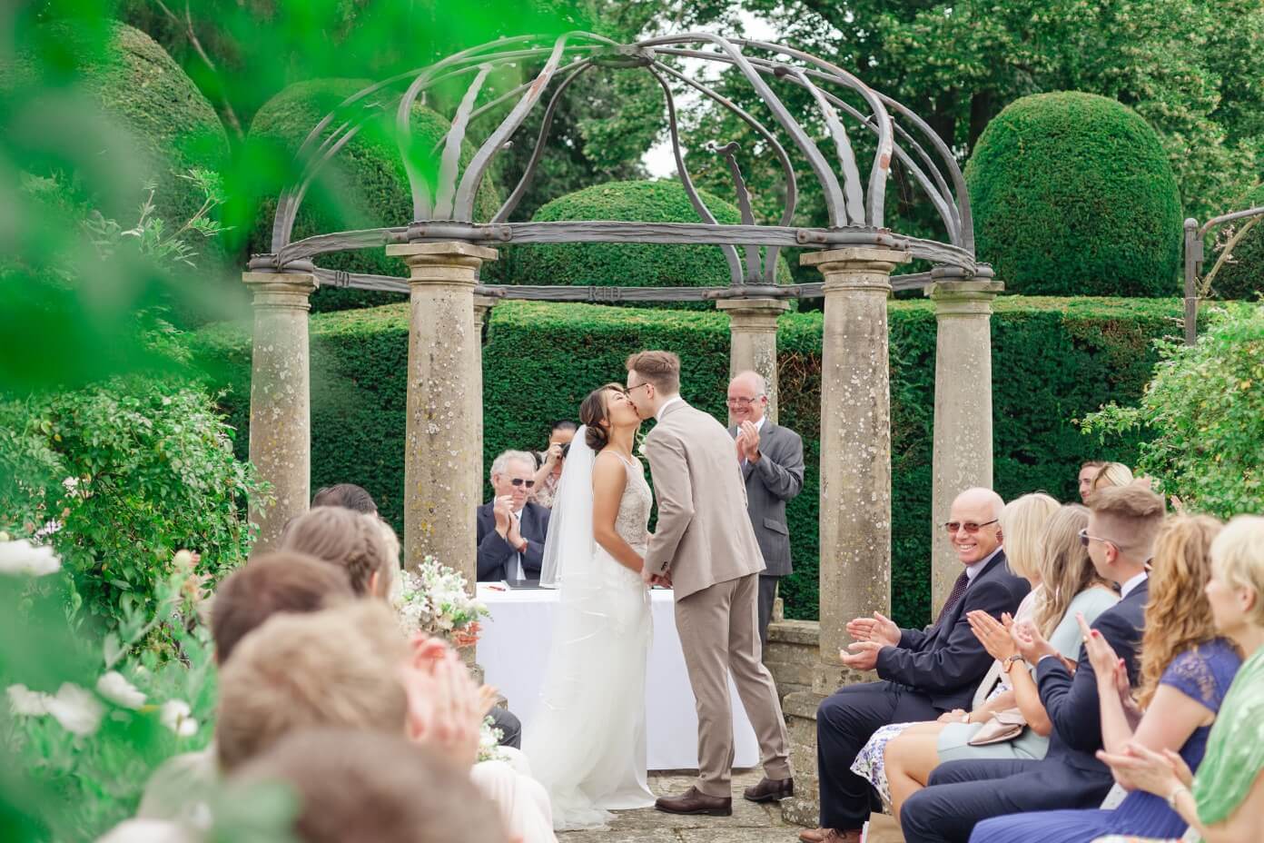 First kiss at the Birtsmorton Court wedding ceremony
