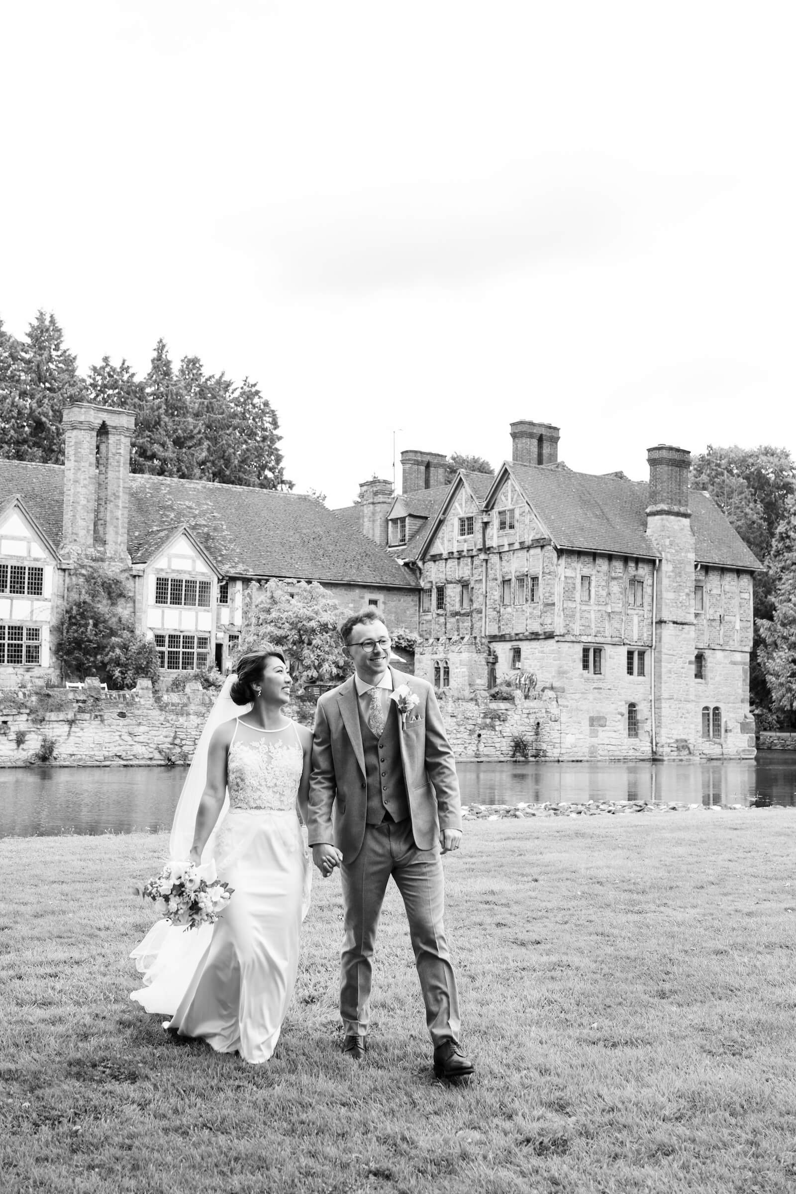Bride and groom at Birtsmorton Court, black and white wedding photo in the Malvern Hills, Worcestershire