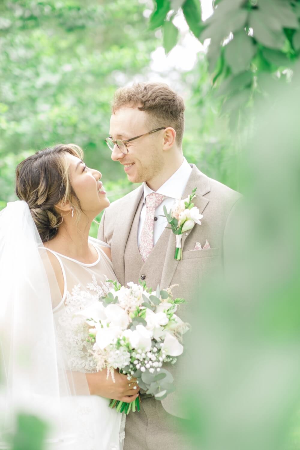 Bride and groom portrait in the grounds at Birtsmorton Court