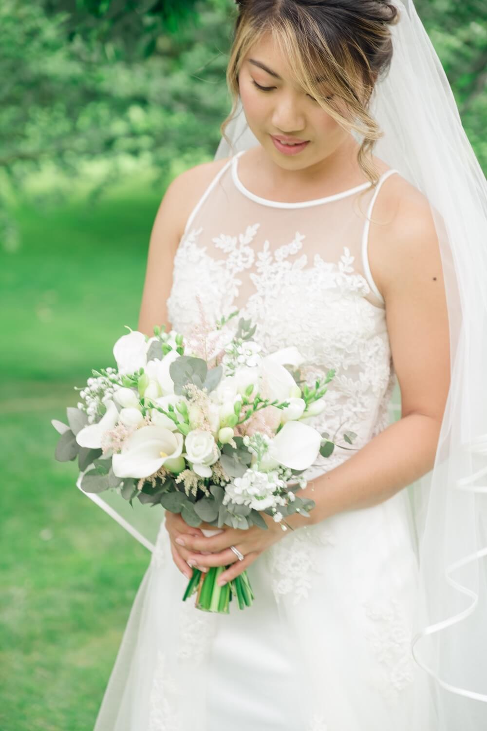 Bride with her bouquet at Birtsmorton Court
