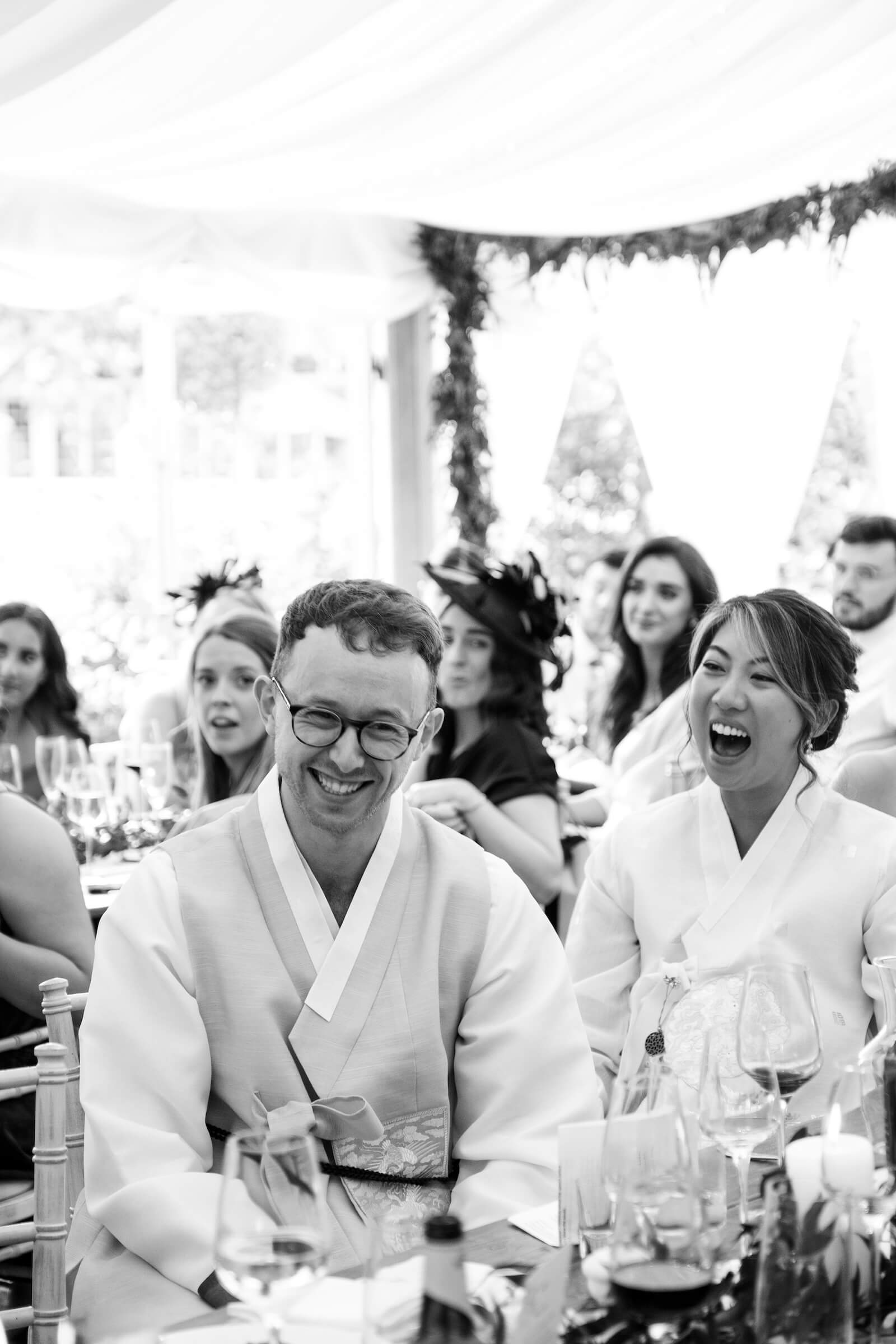 Wedding speeches at Birtsmorton Court, black and white, Malvern Hills, Worcestershire