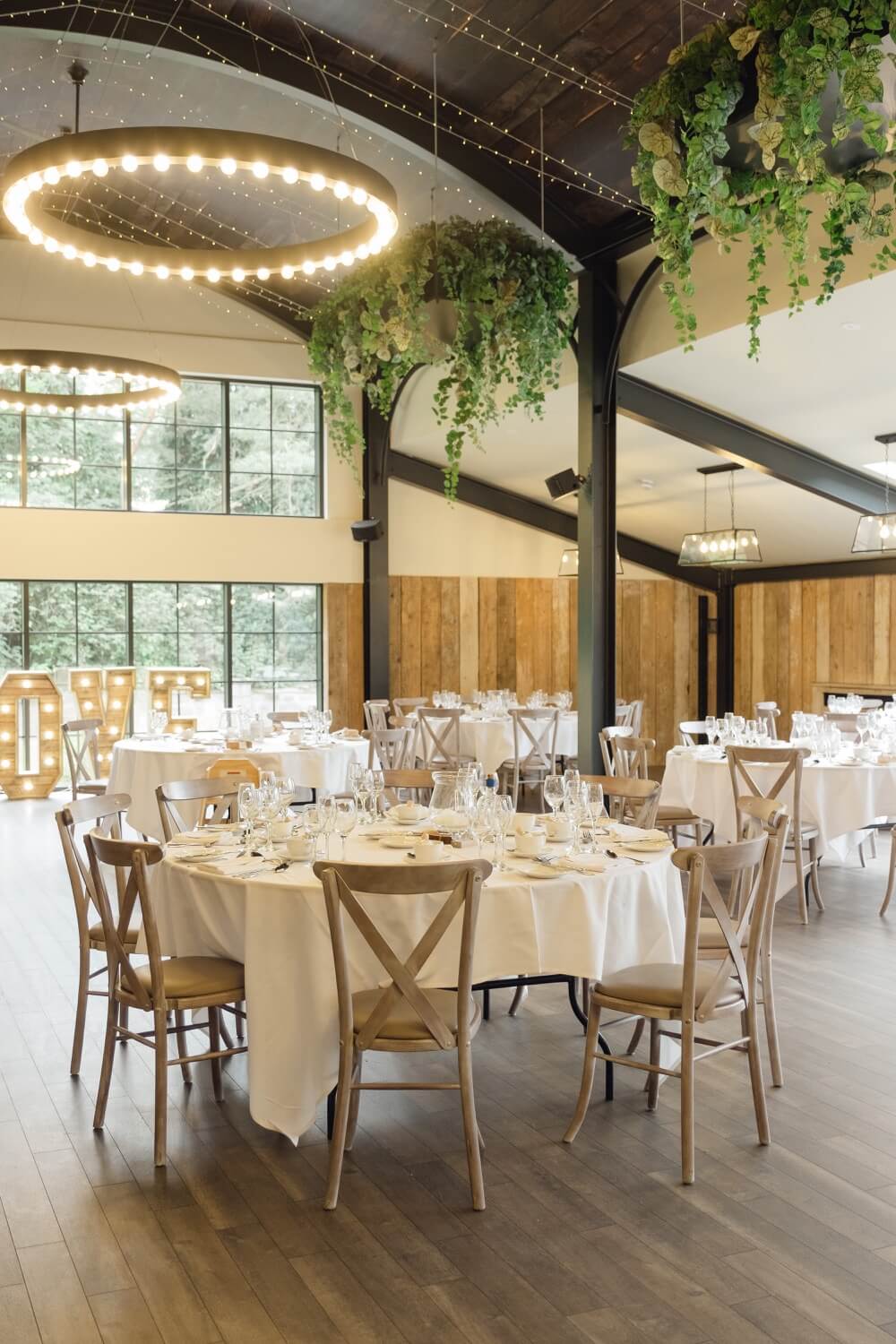 The party barn set for the wedding breakfast at Foxtail Barns