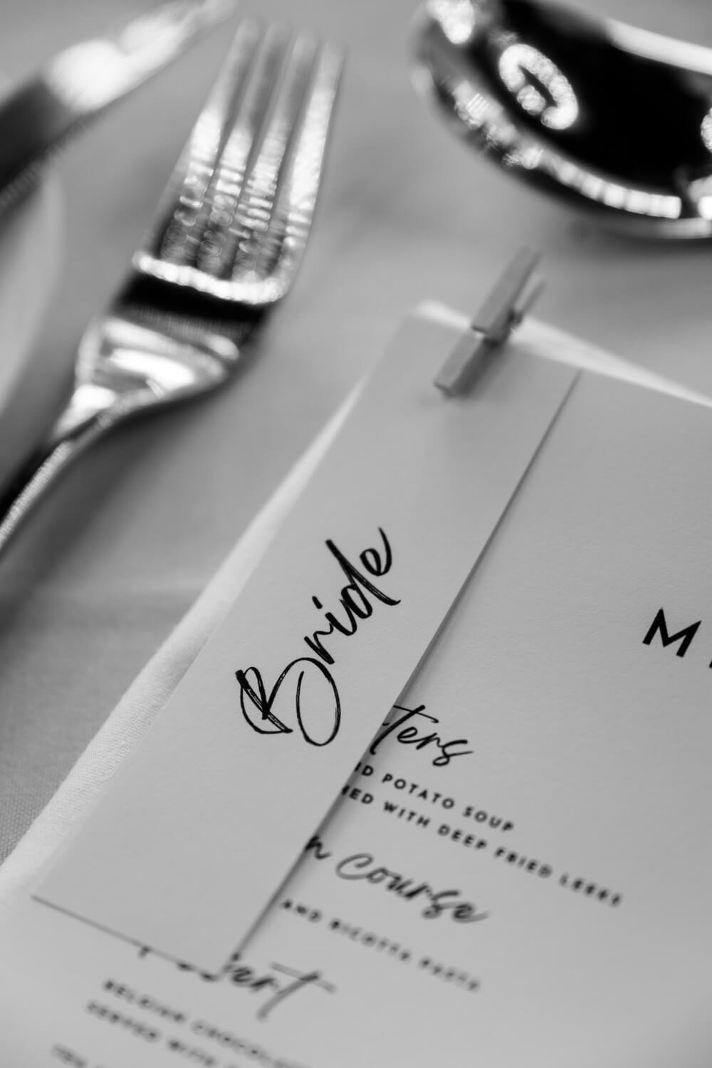 Bride's table setting at the Foxtail Barns wedding breakfast