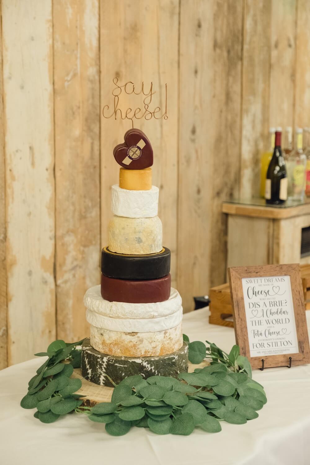 Tower of cheese wedding cake at Foxtail Barns