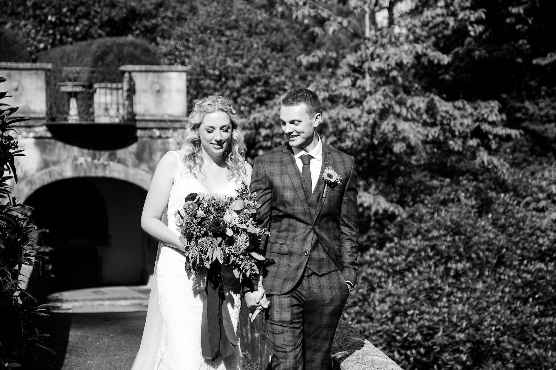 Bride and groom portraits in the woodland at Foxtail Barns