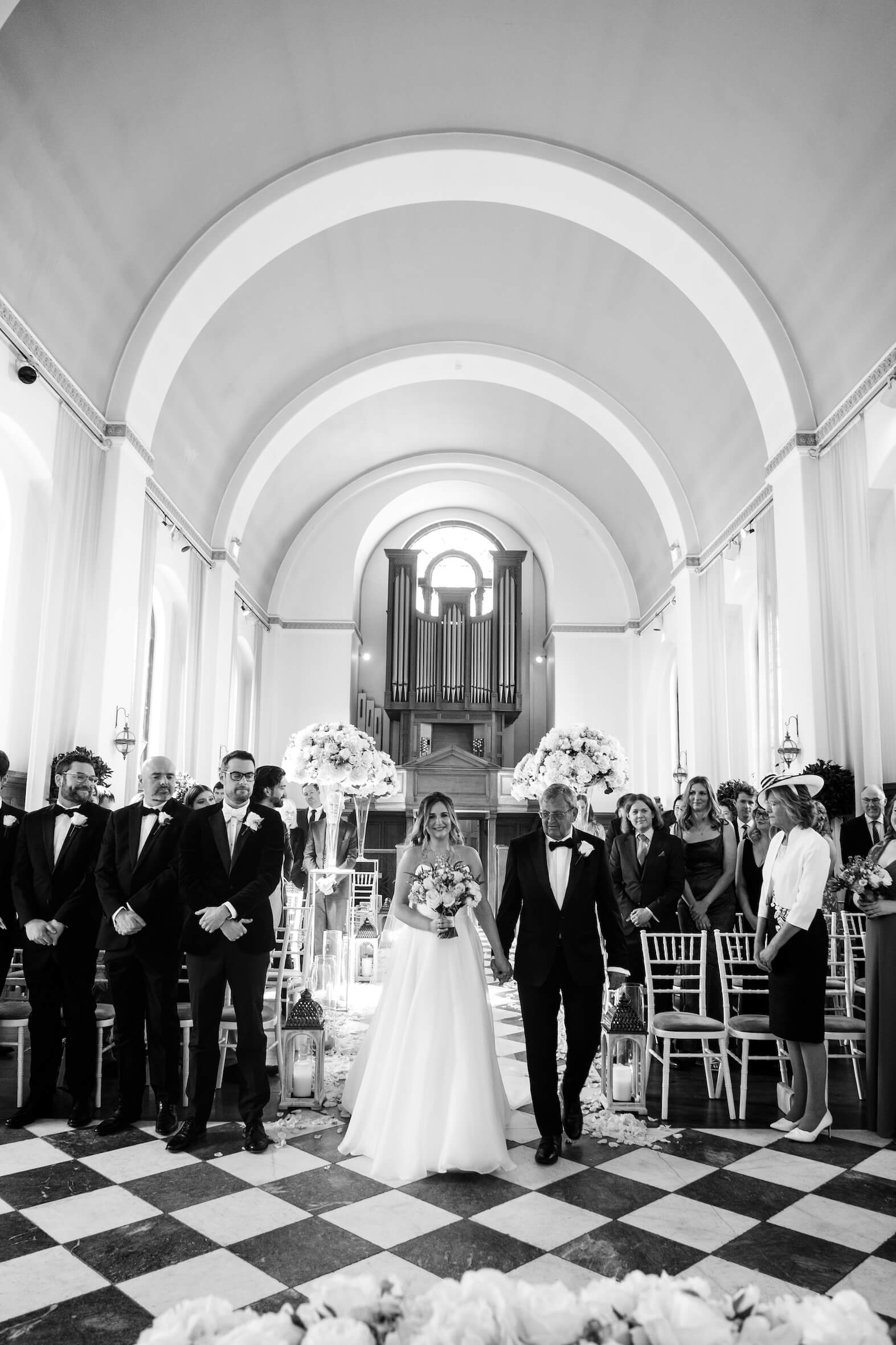Wedding ceremony at Hawkstone Hall Chapel, black and white, Shropshire