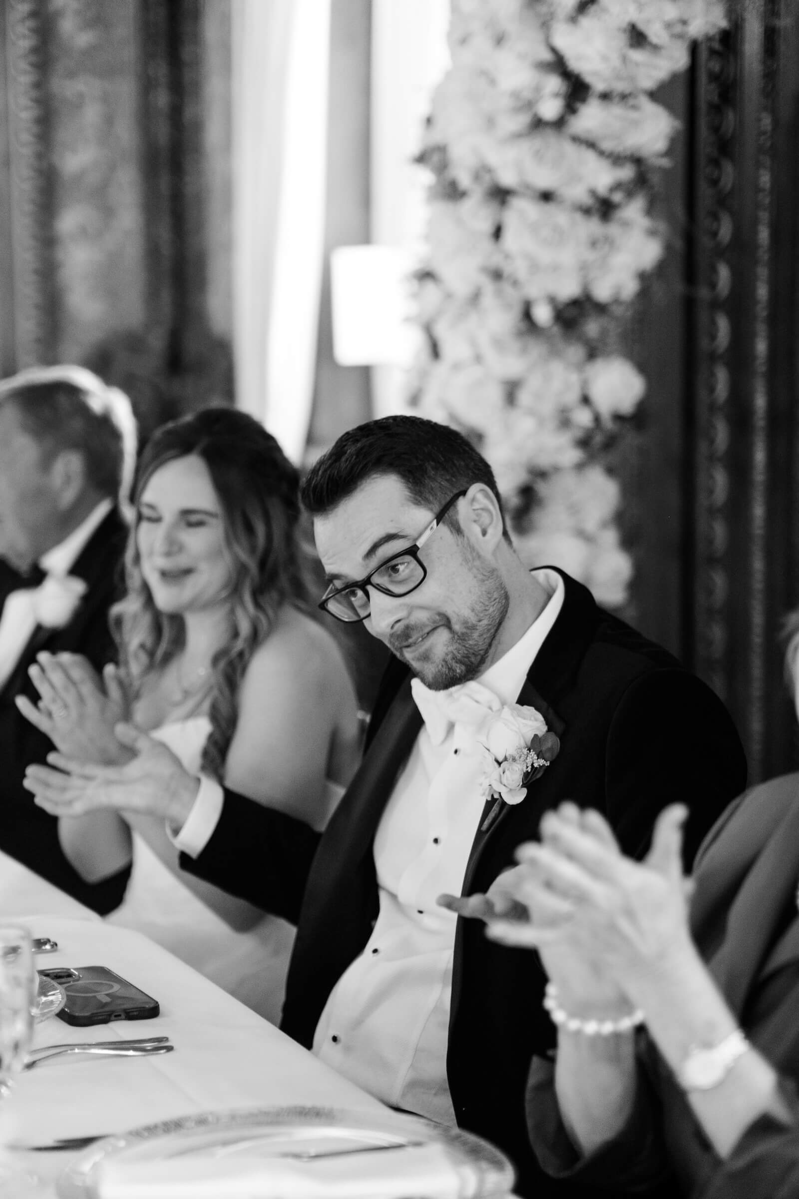 Wedding speeches at Hawkstone Hall, black and white, Shropshire