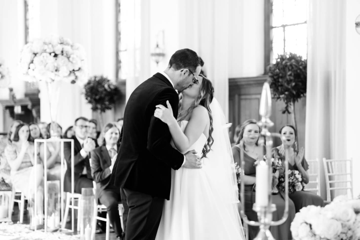 First kiss at the Hawkstone Hall wedding ceremony