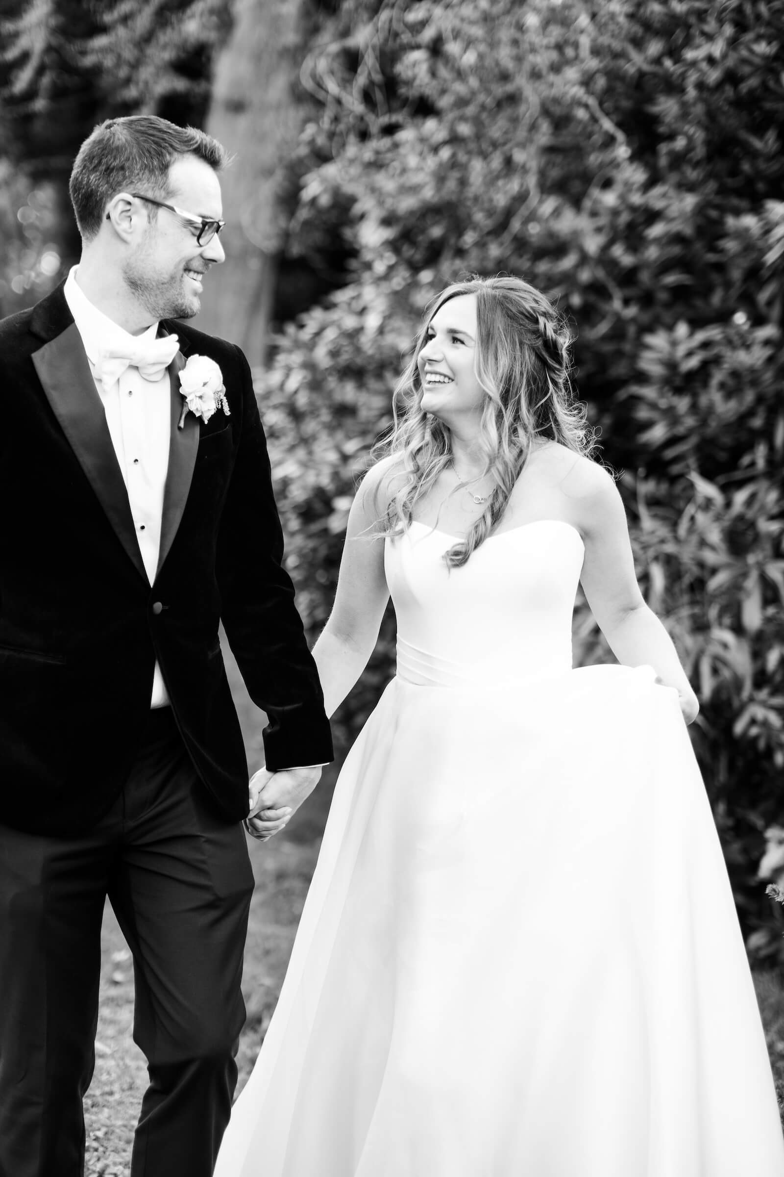 Bride and groom at Hawkstone Hall, black and white wedding photo in Shropshire
