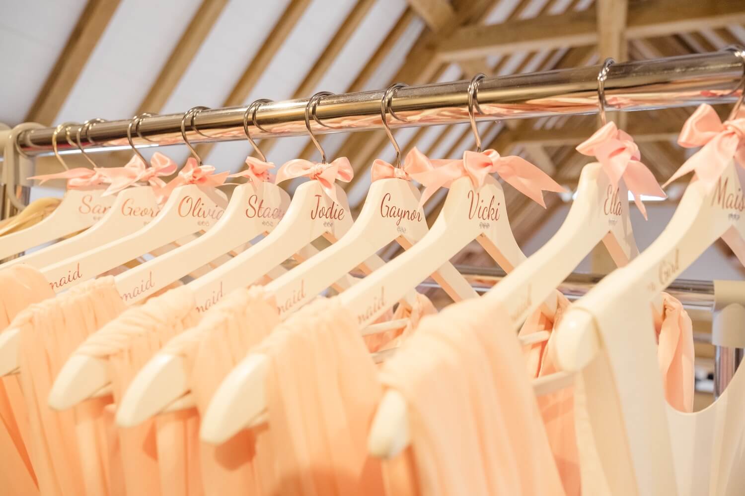 Bridesmaid dresses hanging ready at Redhouse Barns