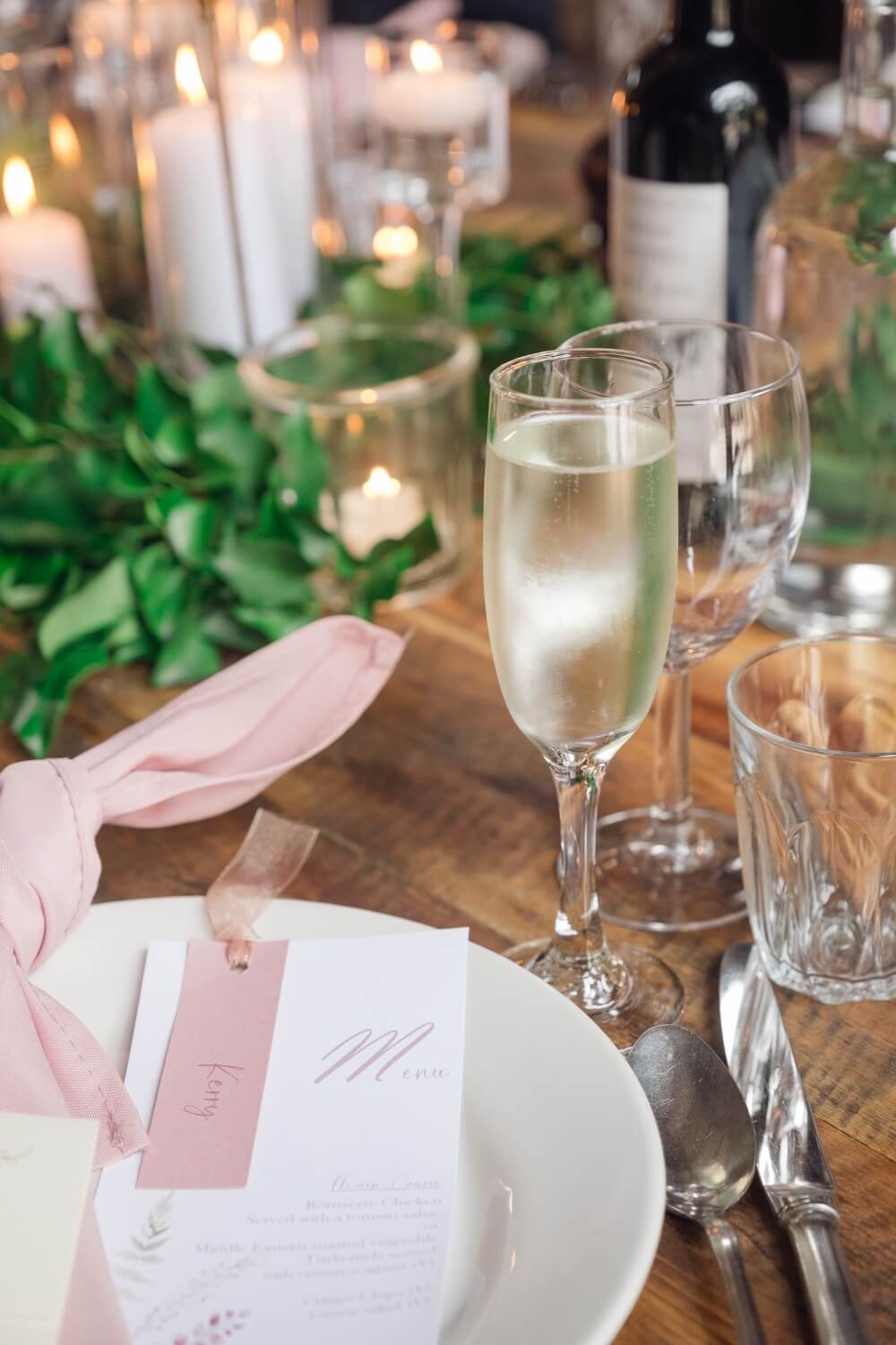 Champagne glass on the wedding breakfast table at Shustoke Barn