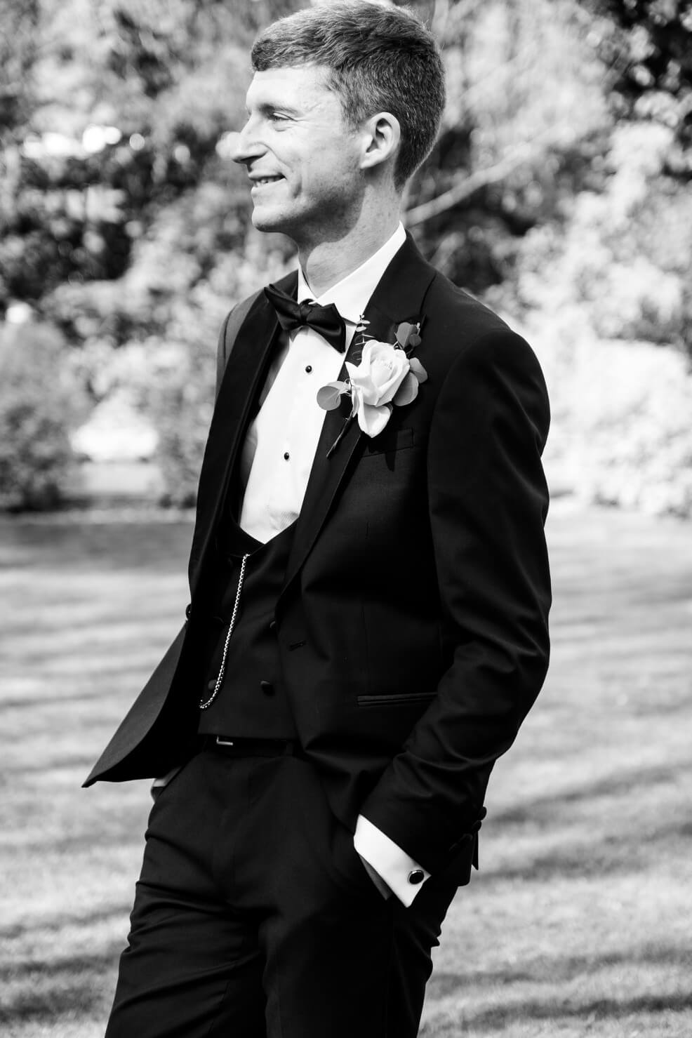 Groom portrait in the Moxhull Hall gardens