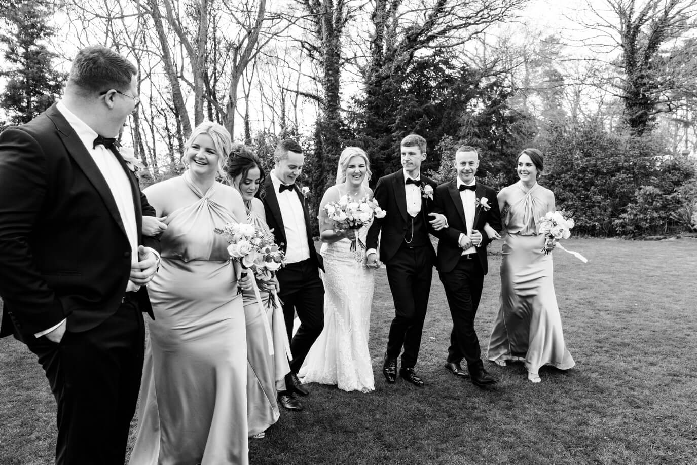 Full bridal party and groom's party group photo at Moxhull Hall