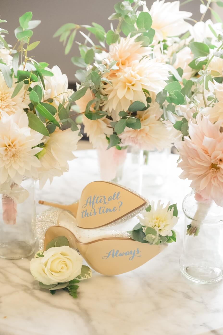 Bridal shoes among the flowers at Netley Hall