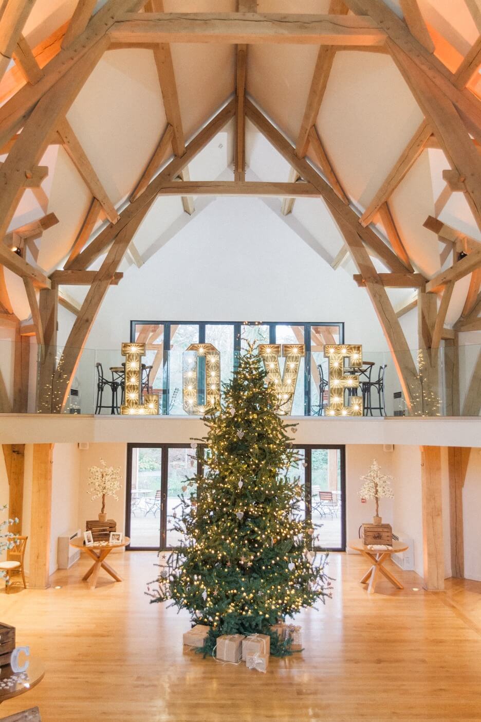 Christmas tree inside The Mill Barns for a winter wedding