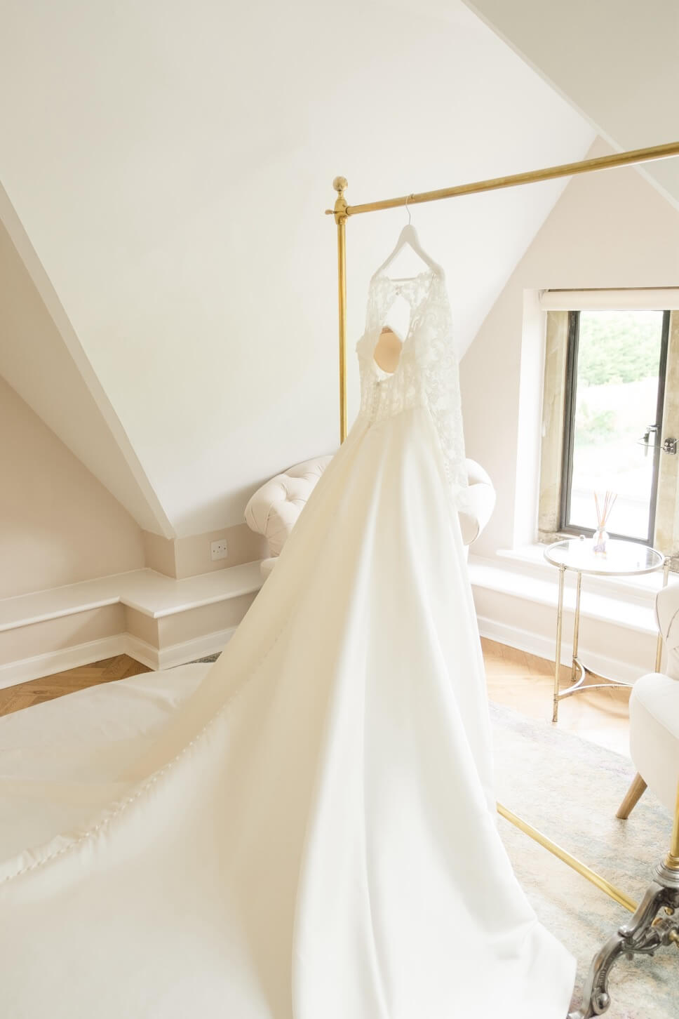 Wedding dress hanging up at The Pear Tree