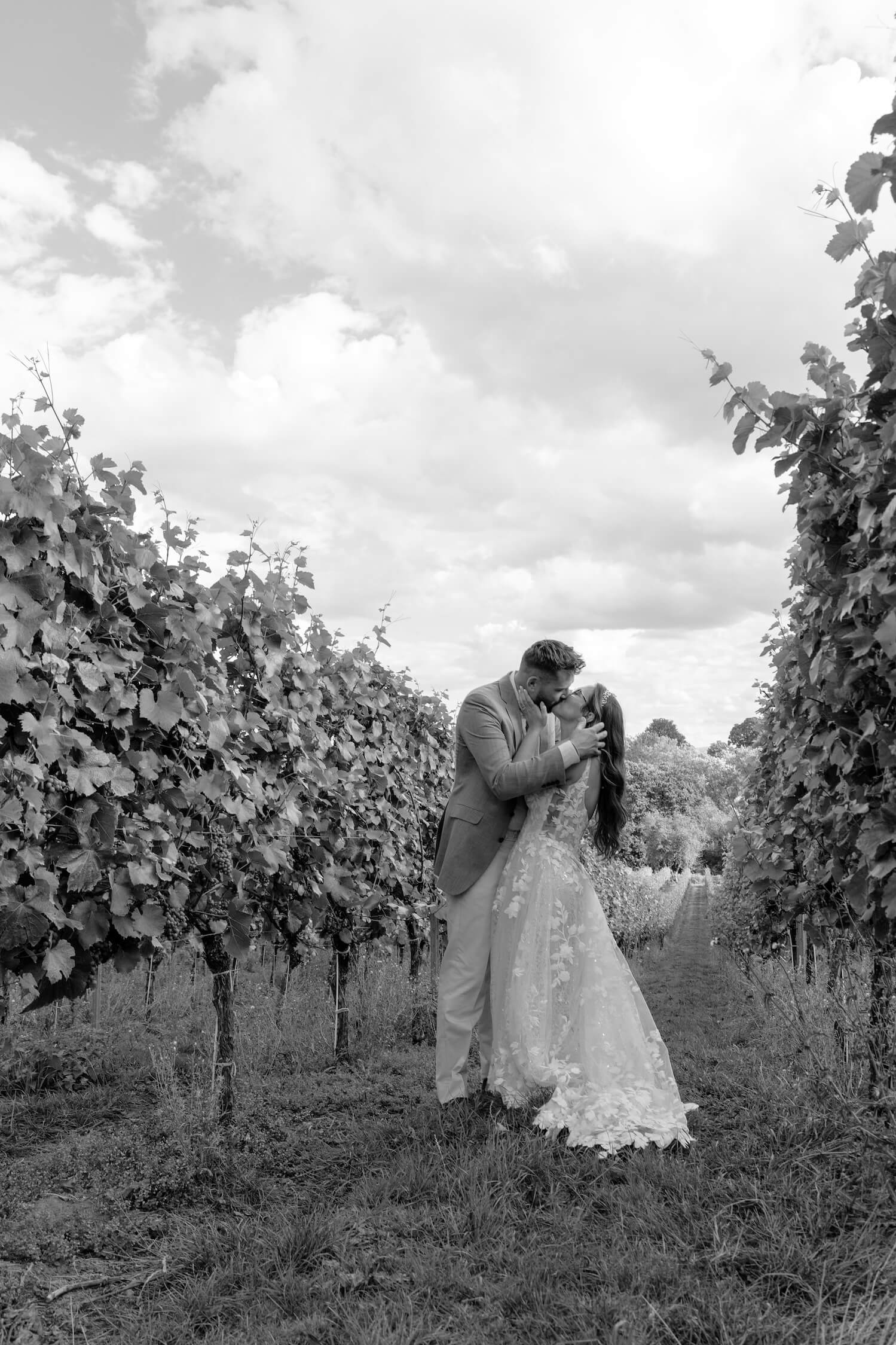 Jess and Sam kissing in the vineyard at Hencote