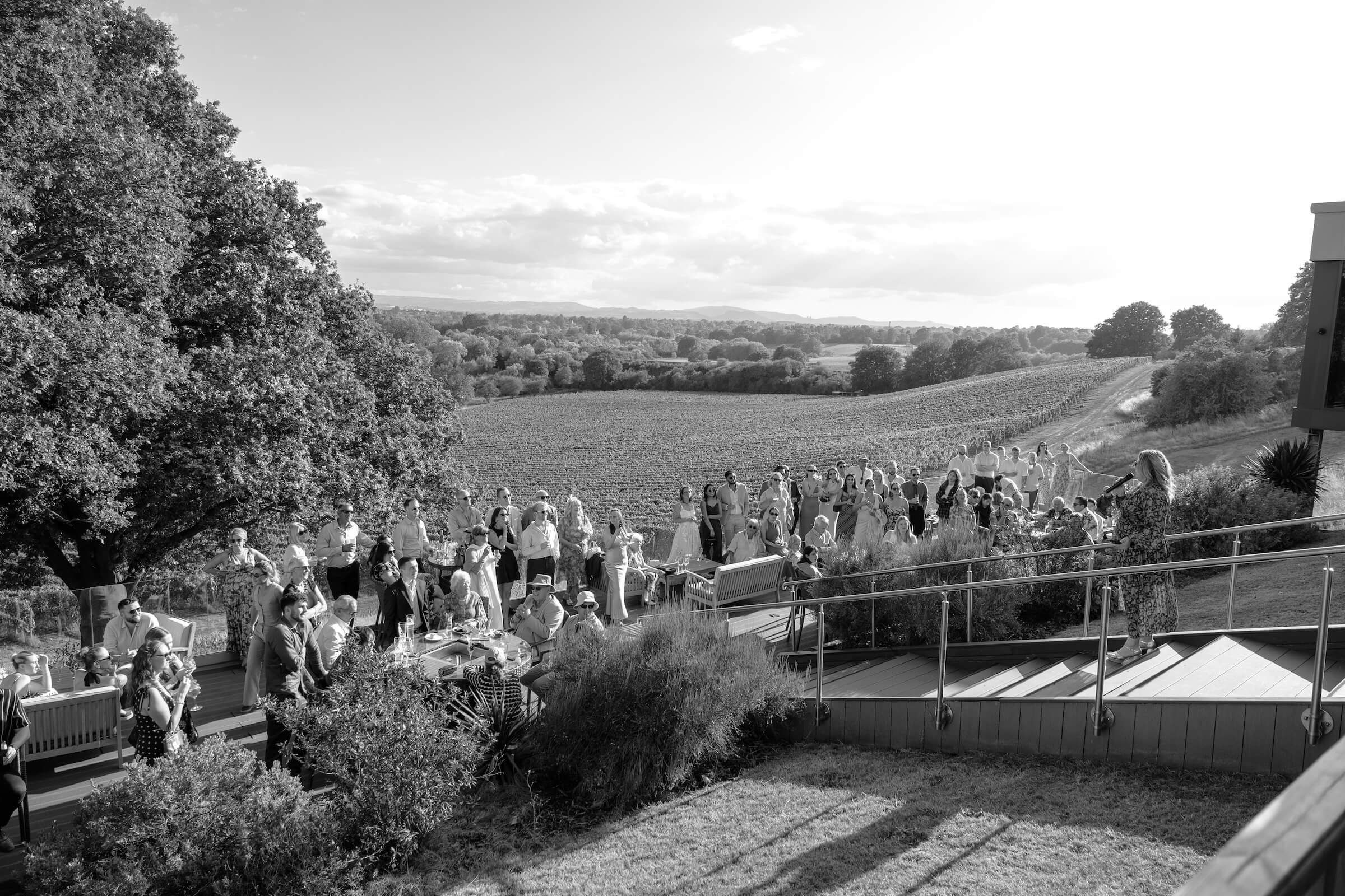 Speeches on the terrace overlooking the vineyard at Hencote